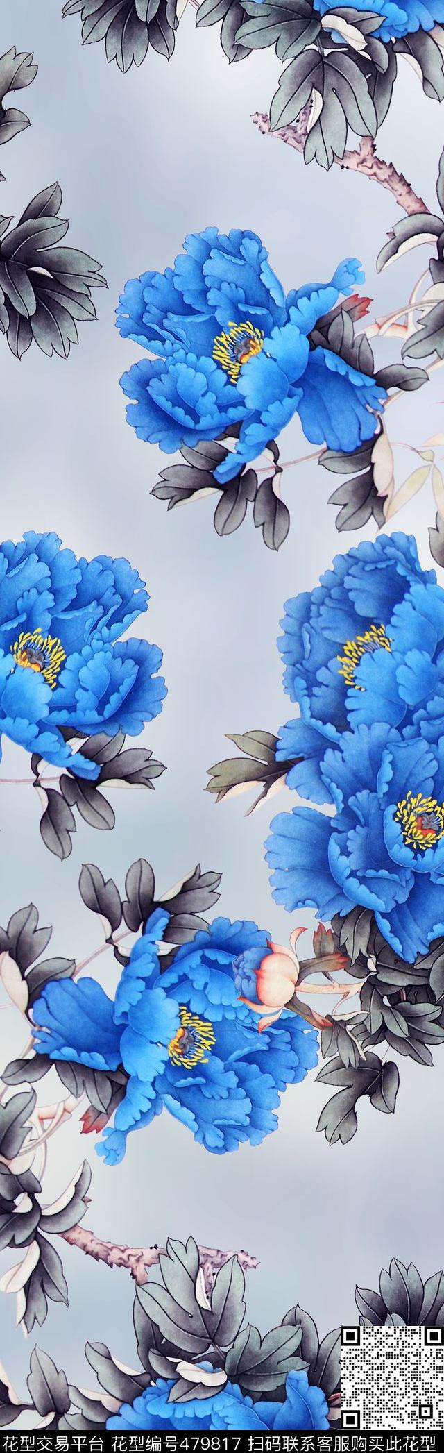 手绘水墨工笔数码印花华亿平台下载（图片编号: 479817） - 瓦栏（Walan）