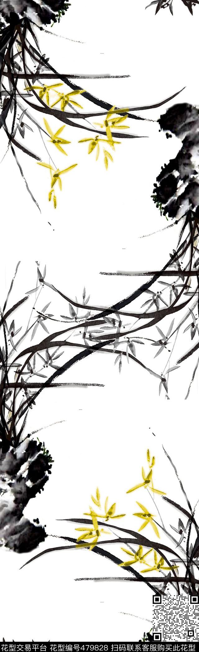 手绘国画兰花数码印花华亿平台下载（图片编号: 479828） - 瓦栏（Walan）