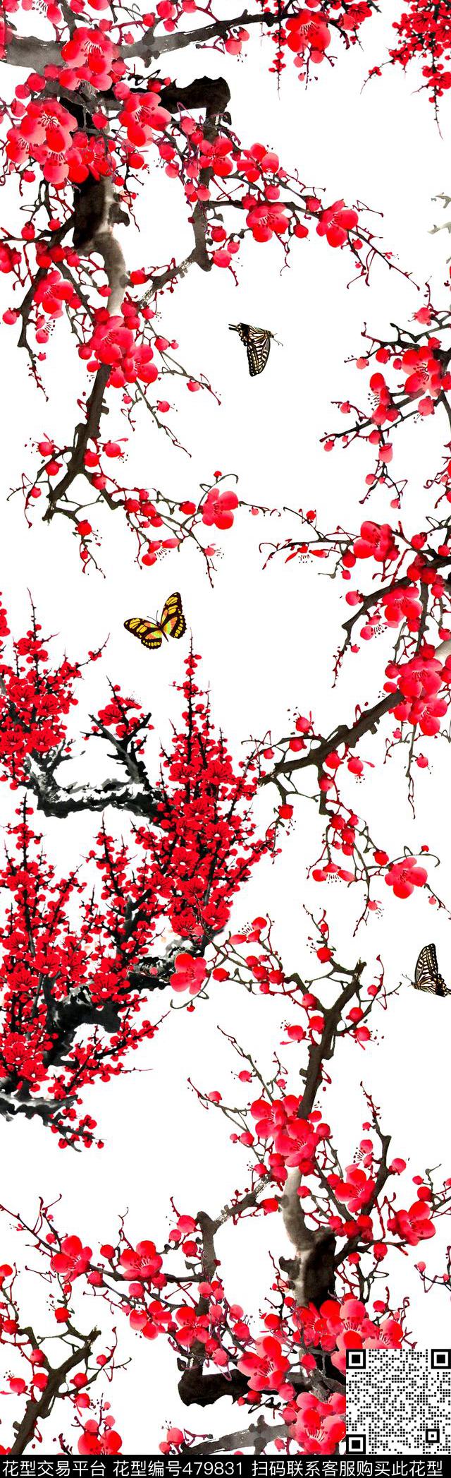 手绘国画梅花数码印花华亿平台下载（图片编号: 479831） - 瓦栏（Walan）