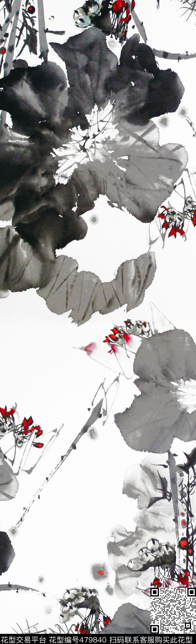 荷花花卉手绘数码印花华亿平台下载（图片编号: 479840） - 瓦栏（Walan）