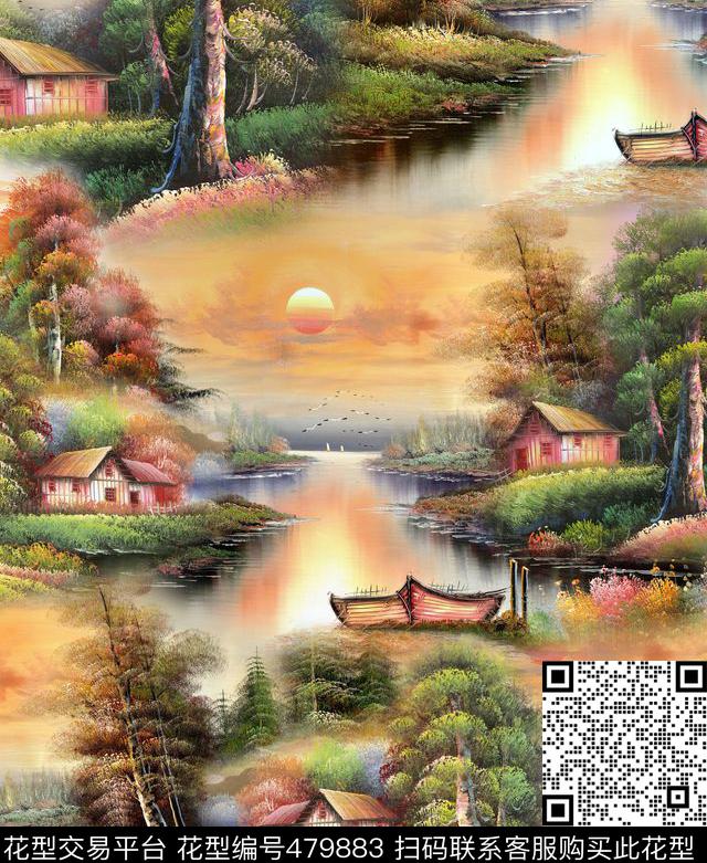 风景潮流大牌油画风景数码印花华亿平台下载（图片编号: 479883） - 瓦栏（Walan）