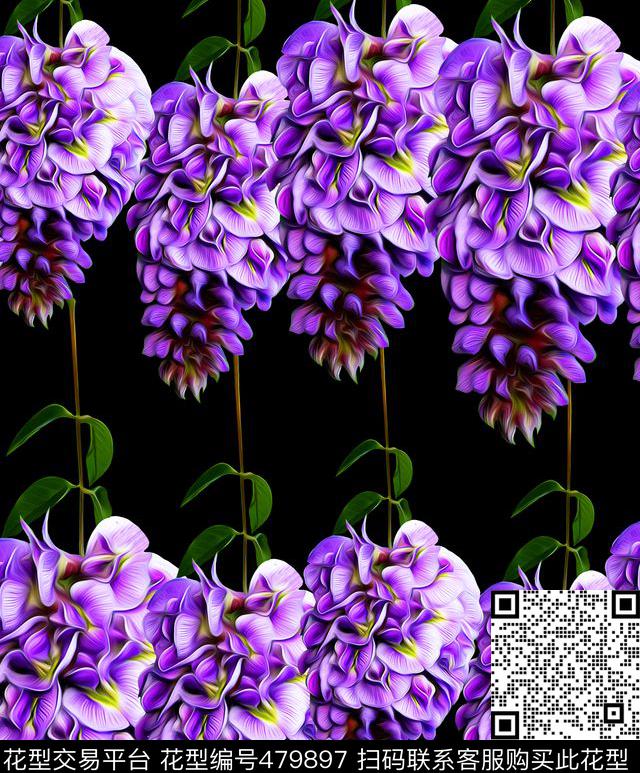 流行时尚手绘紫色花藤欧美数码印花华亿平台下载（图片编号: 479897） - 瓦栏（Walan）