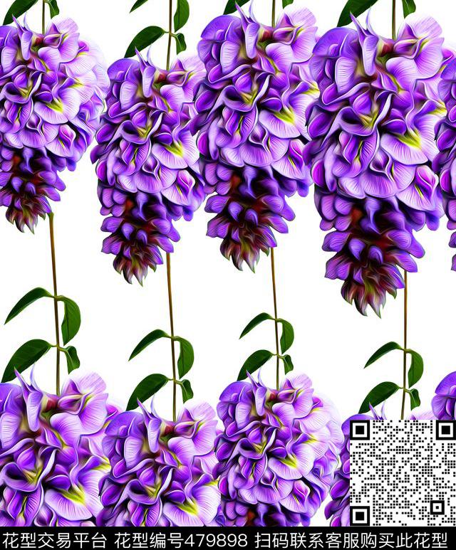 流行时尚手绘紫色花藤欧美数码印花华亿平台下载（图片编号: 479898） - 瓦栏（Walan）