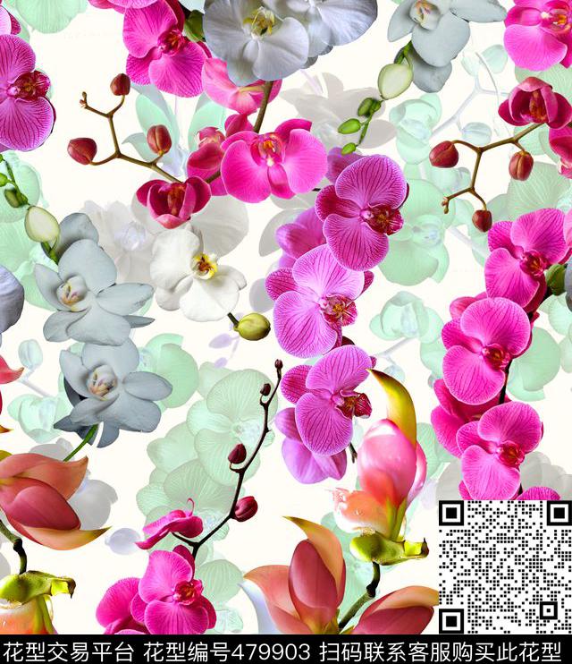 流行时尚花藤蝴蝶兰花卉欧美数码印花华亿平台下载（图片编号: 479903） - 瓦栏（Walan）
