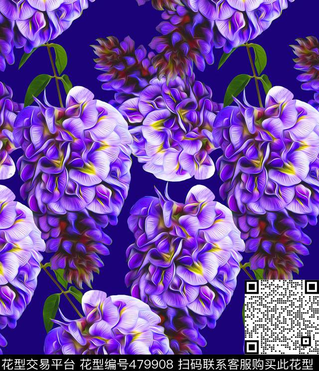 流行时尚手绘紫色花藤欧美数码印花华亿平台下载（图片编号: 479908） - 瓦栏（Walan）