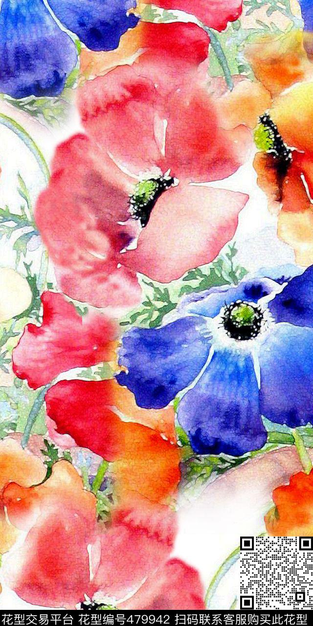 时尚流行新潮手绘画水彩花卉丝绸丝巾棉布数码印花华亿平台下载（图片编号: 479942） - 瓦栏（Walan）