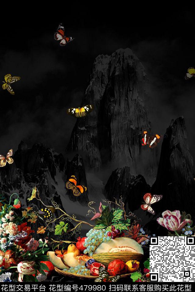 风景蝴蝶花卉数码印花华亿平台下载（图片编号: 479980） - 瓦栏（Walan）