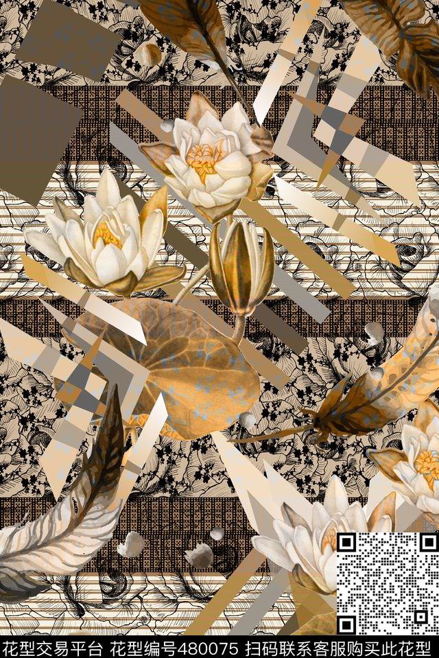 现代荷花荷叶数码印花华亿平台下载（图片编号: 480075） - 瓦栏（Walan）