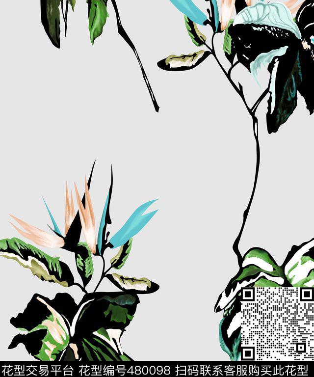 手绘度假风抽象花卉植物数码印花华亿平台下载（图片编号: 480098） - 瓦栏（Walan）