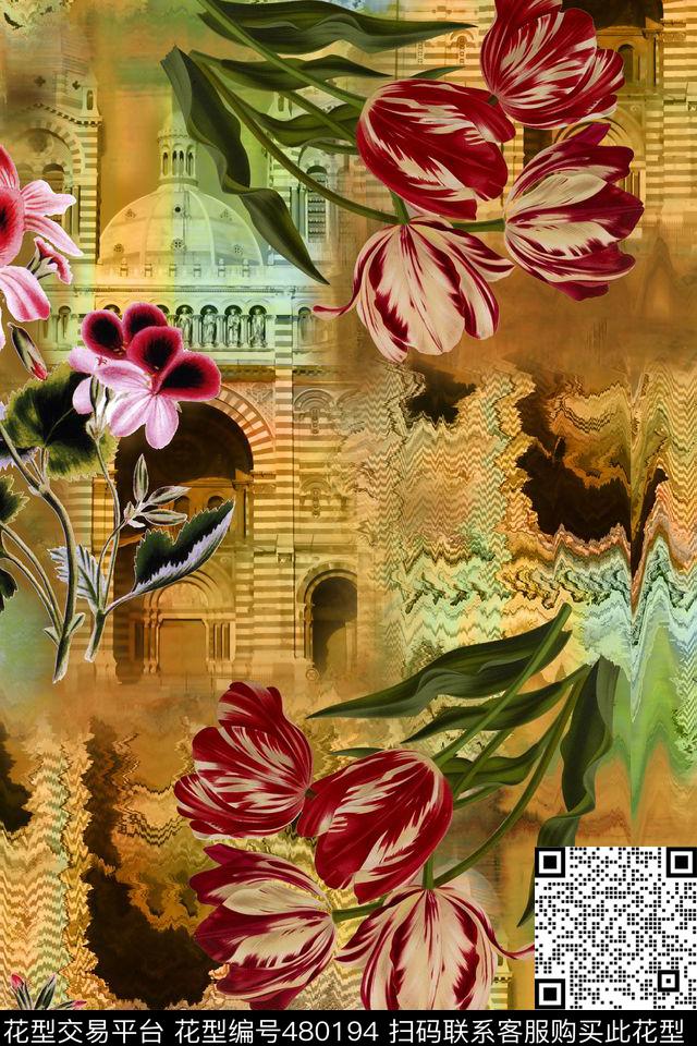 欧式复古建筑复古手绘花波浪纹数码印花华亿平台下载（图片编号: 480194） - 瓦栏（Walan）