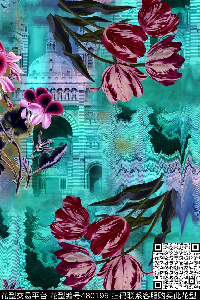 欧式复古建筑复古手绘花波浪纹数码印花华亿平台下载（图片编号: 480195） - 瓦栏（Walan）