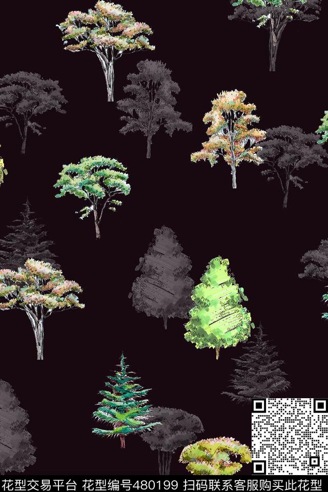 热带手绘树木黑底数码印花华亿平台下载（图片编号: 480199） - 瓦栏（Walan）