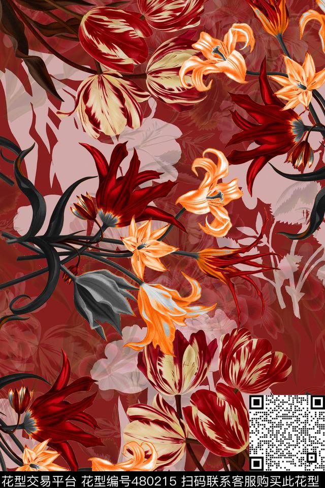 复古花园郁金香花卉手绘花朵数码印花华亿平台下载（图片编号: 480215） - 瓦栏（Walan）