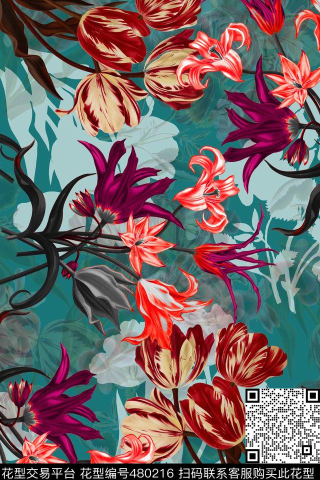 复古花园郁金香花卉手绘花朵数码印花华亿平台下载（图片编号: 480216） - 瓦栏（Walan）