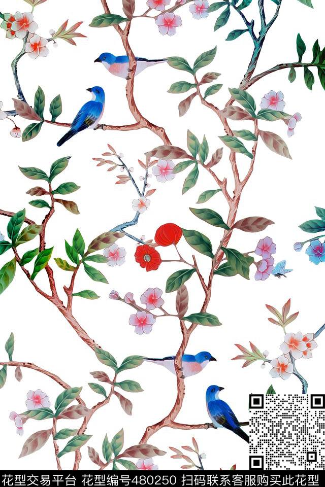 大牌花鸟画中国风数码印花华亿平台下载（图片编号: 480250） - 瓦栏（Walan）