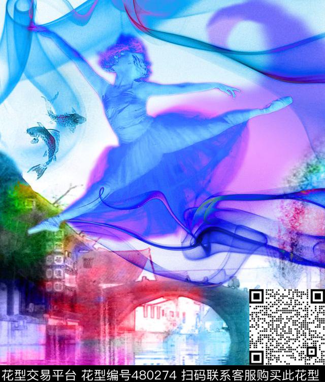 中国风水墨仙境数码印花华亿平台下载（图片编号: 480274） - 瓦栏（Walan）