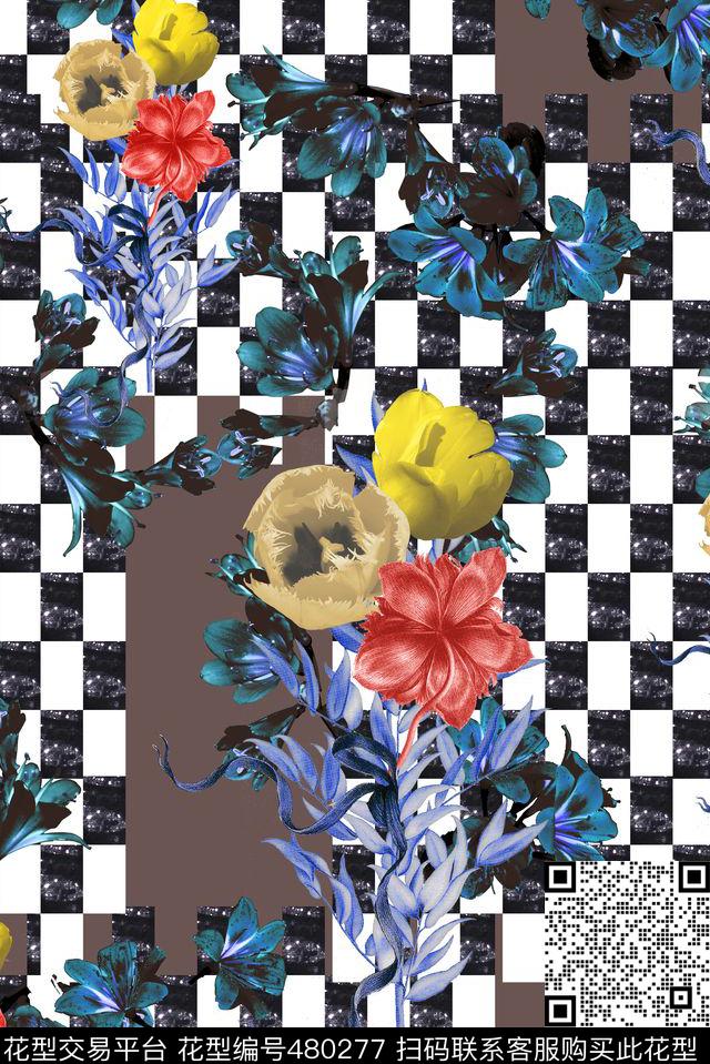 时尚格子欧式花卉数码印花华亿平台下载（图片编号: 480277） - 瓦栏（Walan）