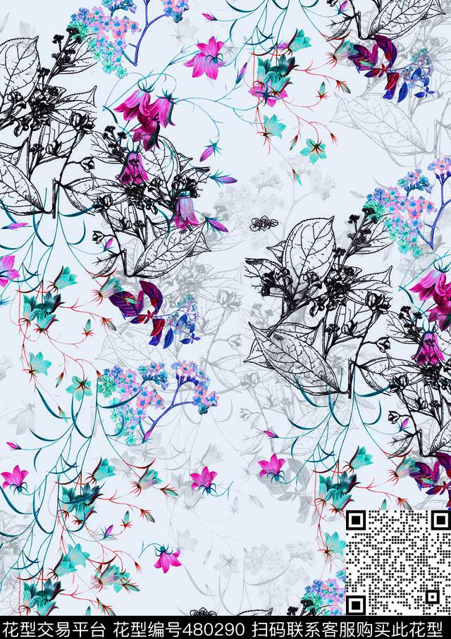 花卉素描手绘数码印花华亿平台下载（图片编号: 480290） - 瓦栏（Walan）