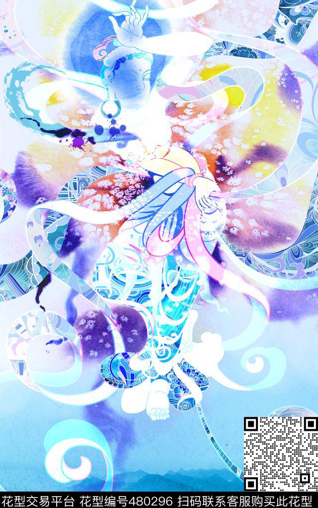 敦煌壁画时尚水墨中国风数码印花华亿平台下载（图片编号: 480296） - 瓦栏（Walan）