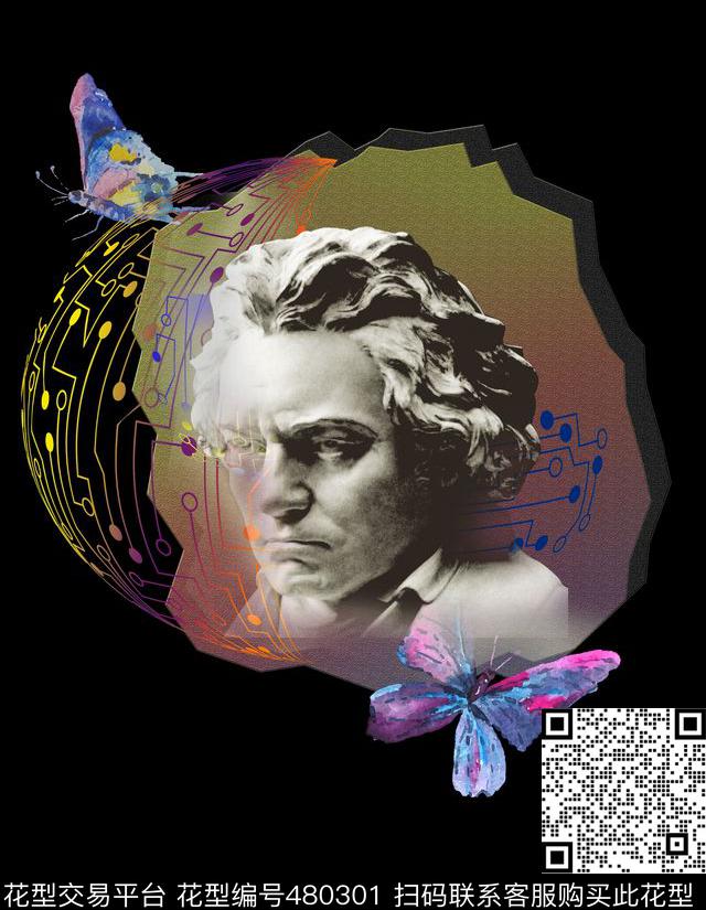 复古蝴蝶人物数码印花华亿平台下载（图片编号: 480301） - 瓦栏（Walan）