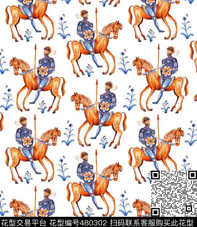 骑士花卉绘画数码印花华亿平台下载（图片编号: 480302） - 瓦栏（Walan）