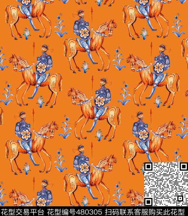 骑士花卉绘画数码印花华亿平台下载（图片编号: 480305） - 瓦栏（Walan）