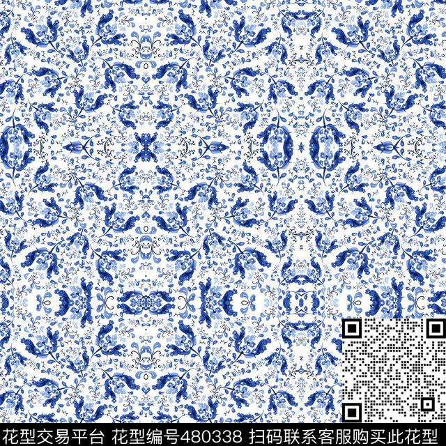 方巾蓝色青花瓷数码印花华亿平台下载（图片编号: 480338） - 瓦栏（Walan）
