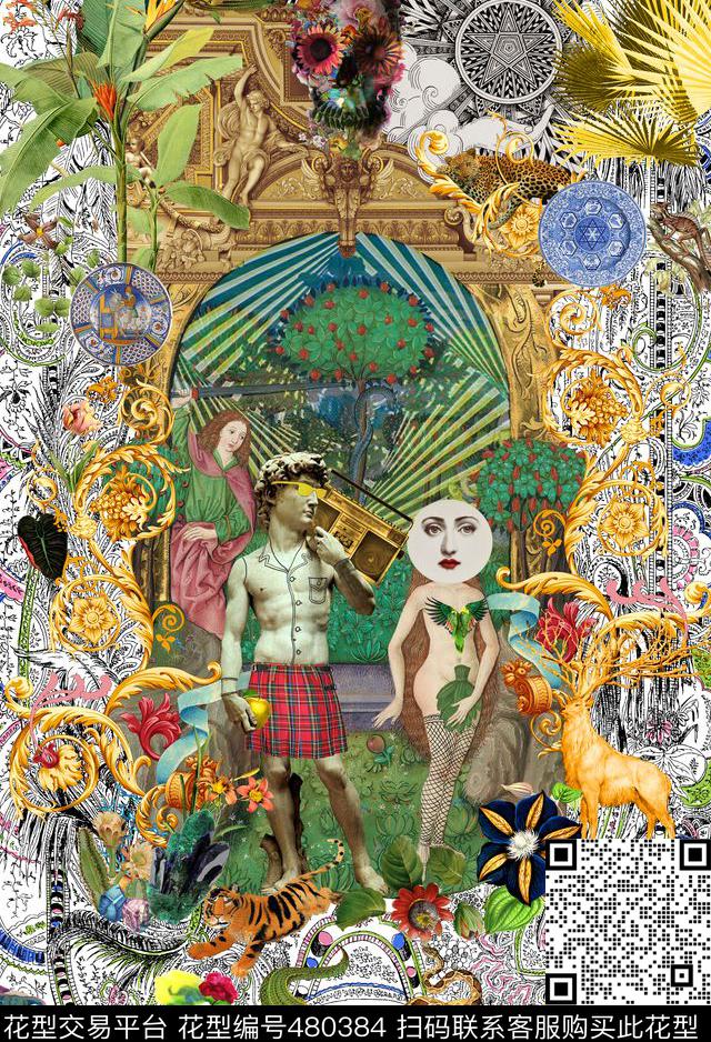 阿当与夏娃的故事混搭风格伊甸园动植物数码印花华亿平台下载（图片编号: 480384） - 瓦栏（Walan）