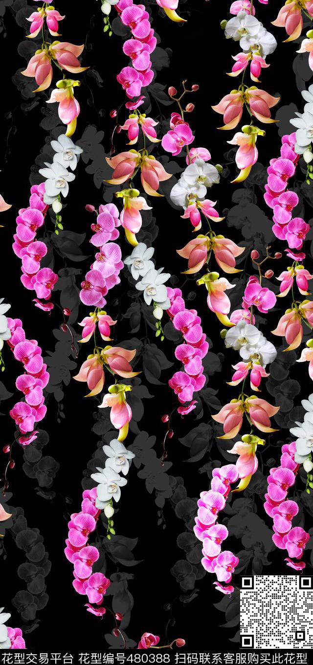 流行时尚花藤蝴蝶兰欧美大牌数码印花华亿平台下载（图片编号: 480388） - 瓦栏（Walan）