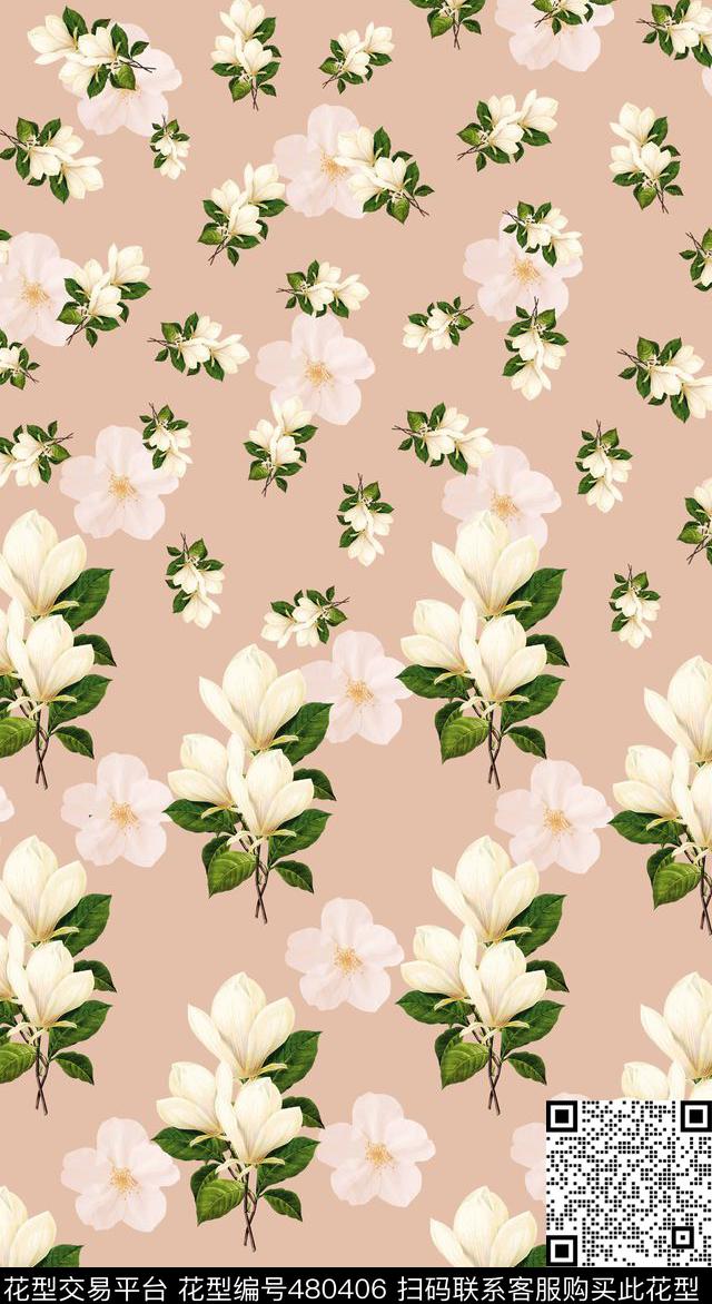 花卉潮流时尚大牌手绘玉兰花数码印花华亿平台下载（图片编号: 480406） - 瓦栏（Walan）