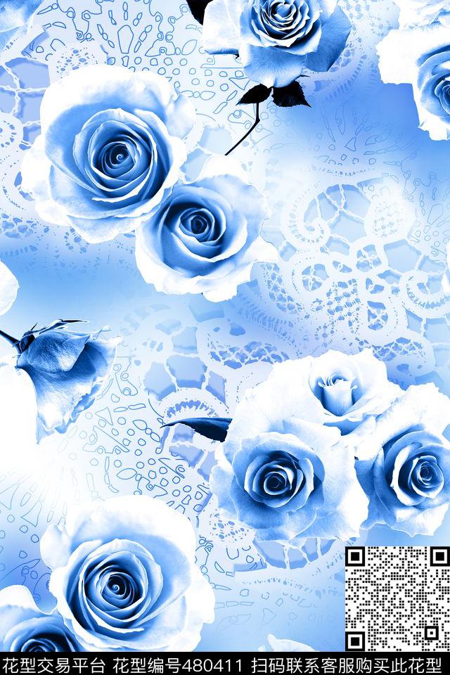 素雅青花瓷蕾丝数码印花华亿平台下载（图片编号: 480411） - 瓦栏（Walan）