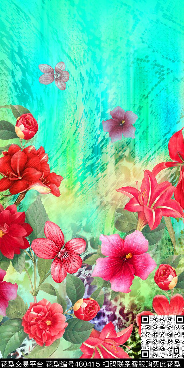 豹纹定位花卉数码印花华亿平台下载（图片编号: 480415） - 瓦栏（Walan）