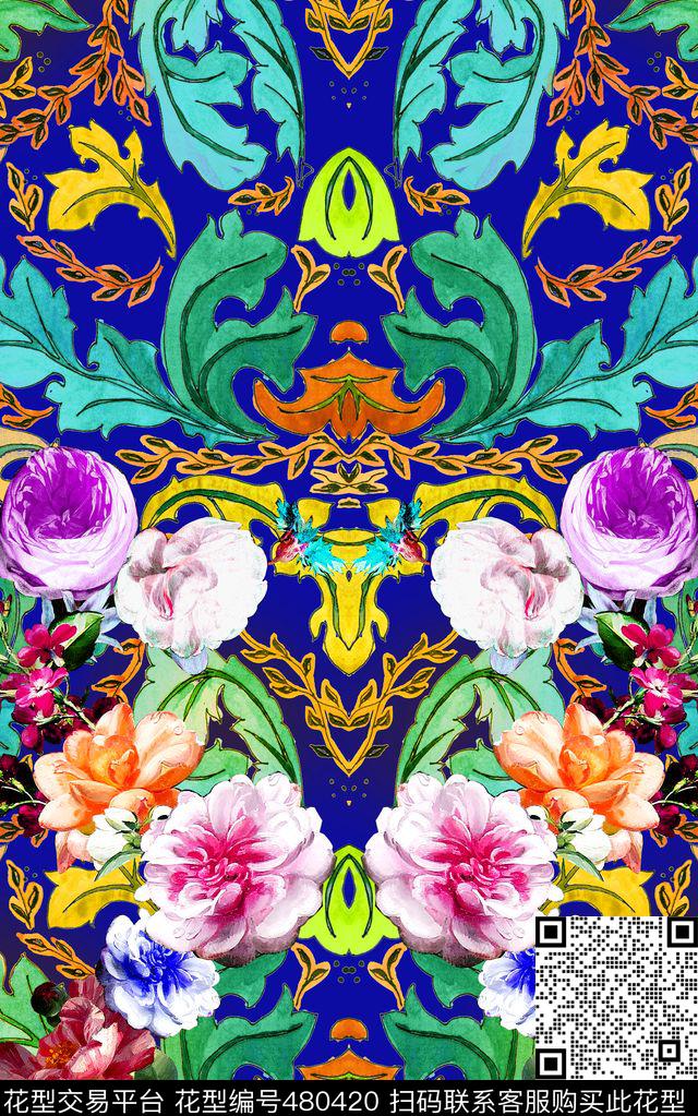 时尚卷草花纹油画花卉数码印花华亿平台下载（图片编号: 480420） - 瓦栏（Walan）