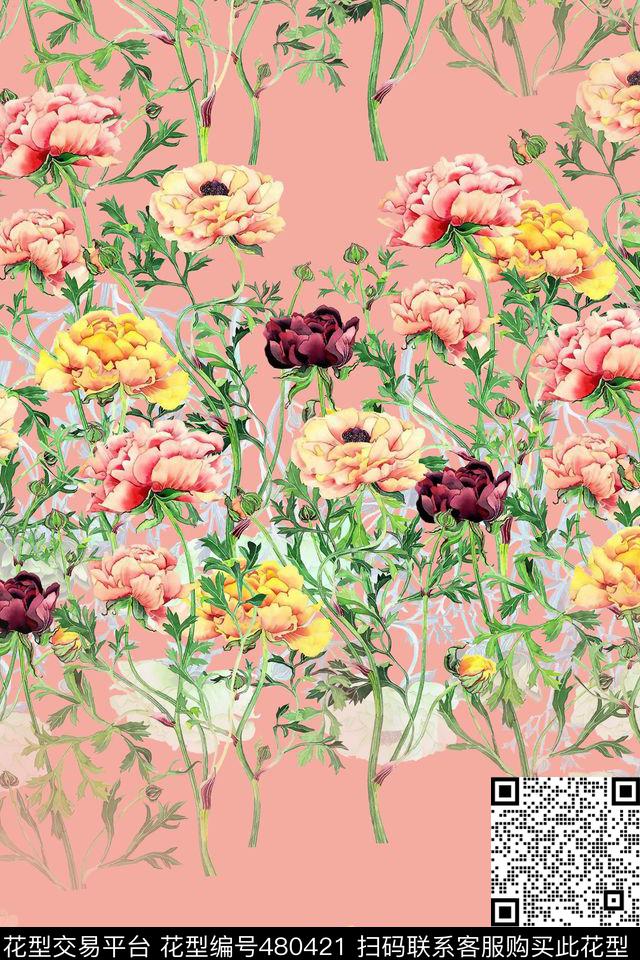 欧式水彩花宫廷复古数码印花华亿平台下载（图片编号: 480421） - 瓦栏（Walan）