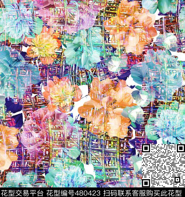 流行时尚欧美手绘抽象幻彩花数码印花华亿平台下载（图片编号: 480423） - 瓦栏（Walan）