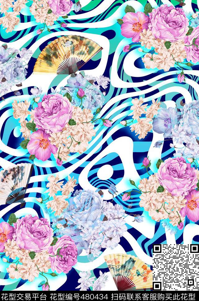 波纹花卉几何j数码印花华亿平台下载（图片编号: 480434） - 瓦栏（Walan）