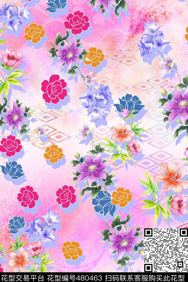 抽象花卉手绘花数码印花华亿平台下载（图片编号: 480463） - 瓦栏（Walan）