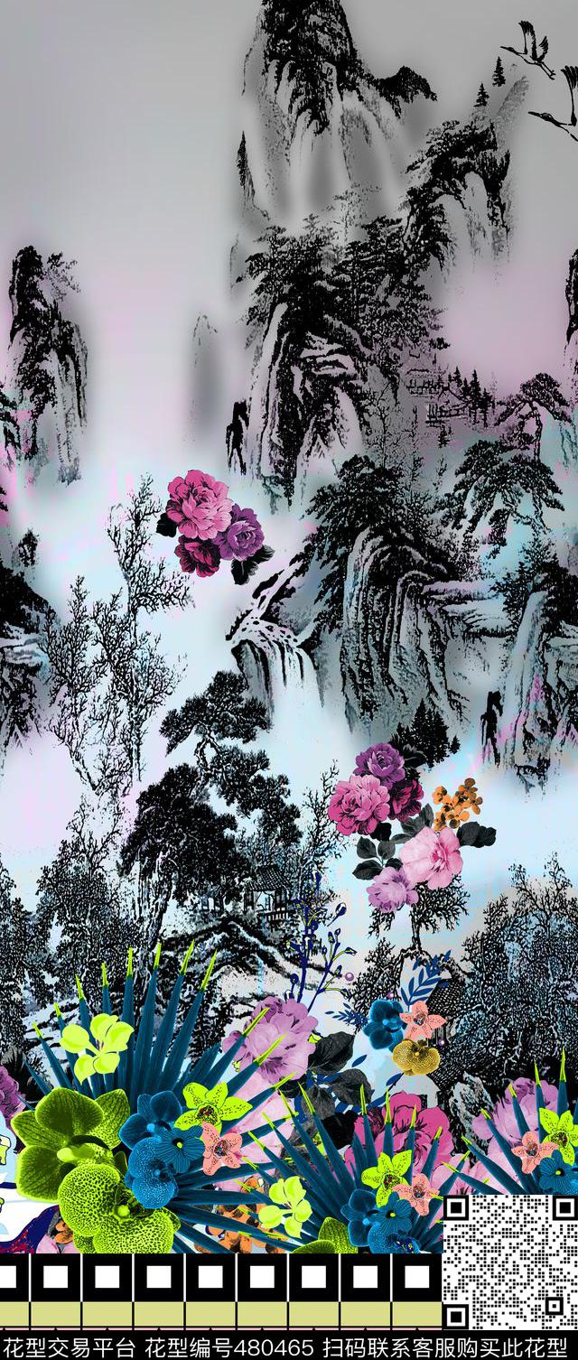中国风水墨山水抽象花卉数码印花华亿平台下载（图片编号: 480465） - 瓦栏（Walan）