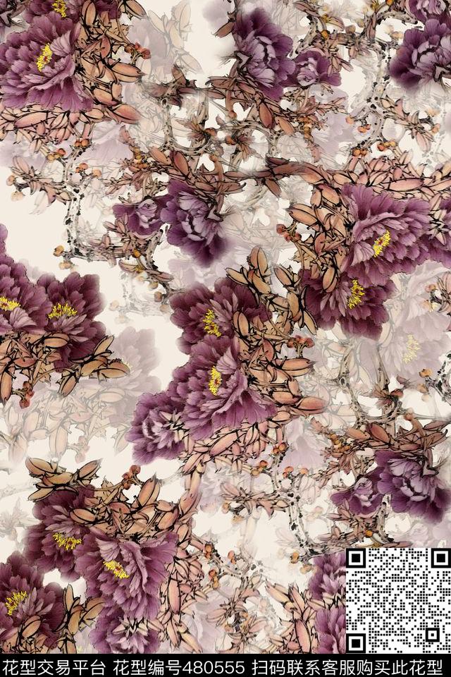 国画牡丹旗袍华亿平台丝绸数码印花华亿平台下载（图片编号: 480555） - 瓦栏（Walan）