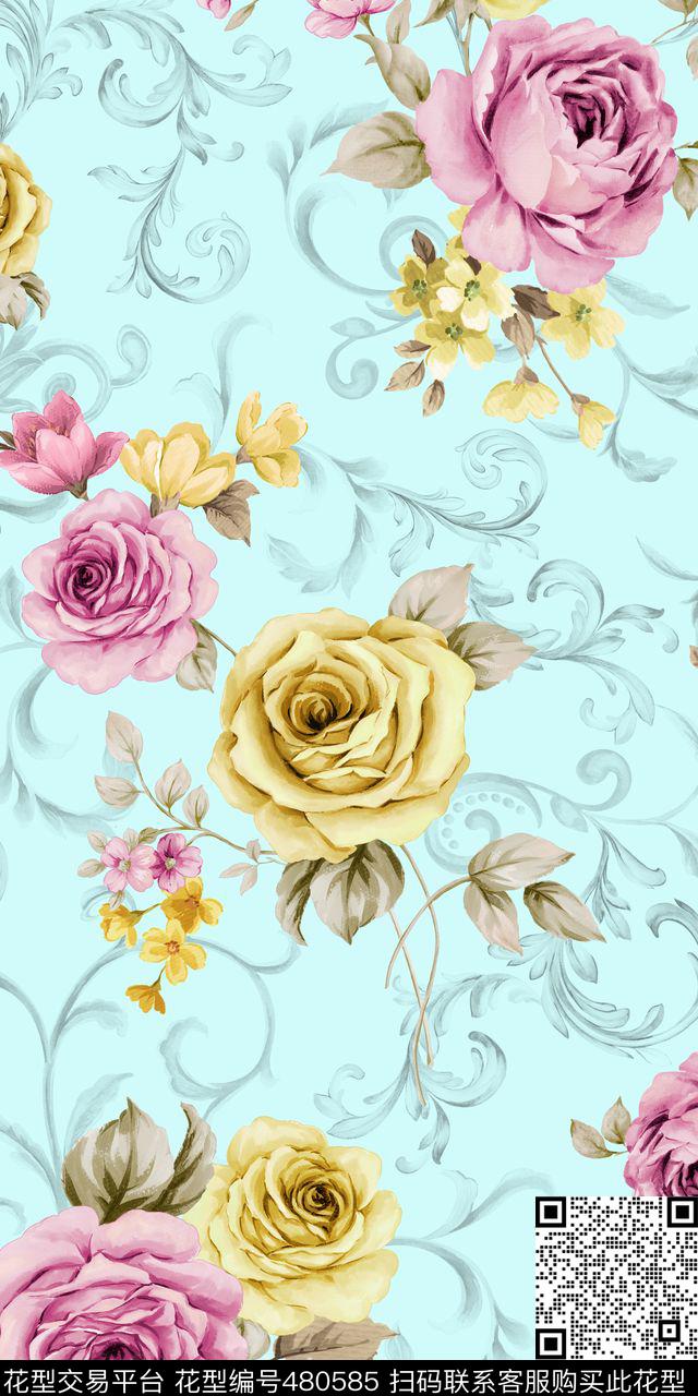 满版华亿平台手绘花欧式藤条数码印花华亿平台下载（图片编号: 480585） - 瓦栏（Walan）
