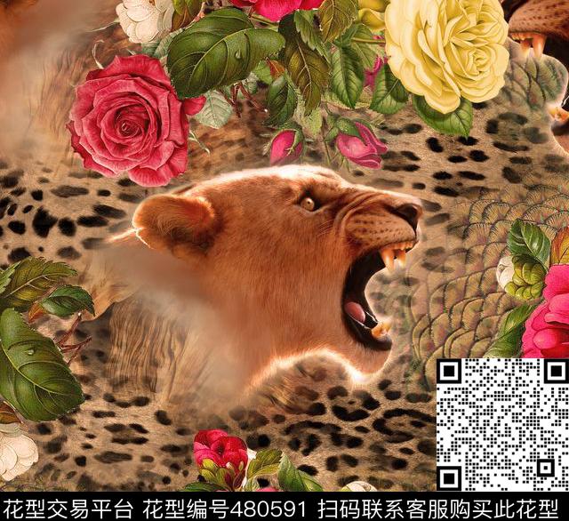 豹纹动物豹子头花朵花丛孔雀纹数码印花华亿平台下载（图片编号: 480591） - 瓦栏（Walan）