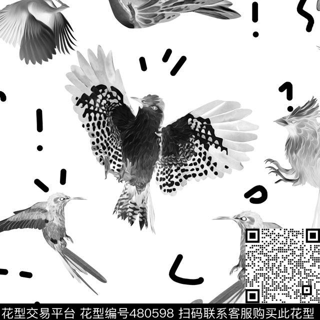 趣味涂鸦鸟数码印花华亿平台下载（图片编号: 480598） - 瓦栏（Walan）