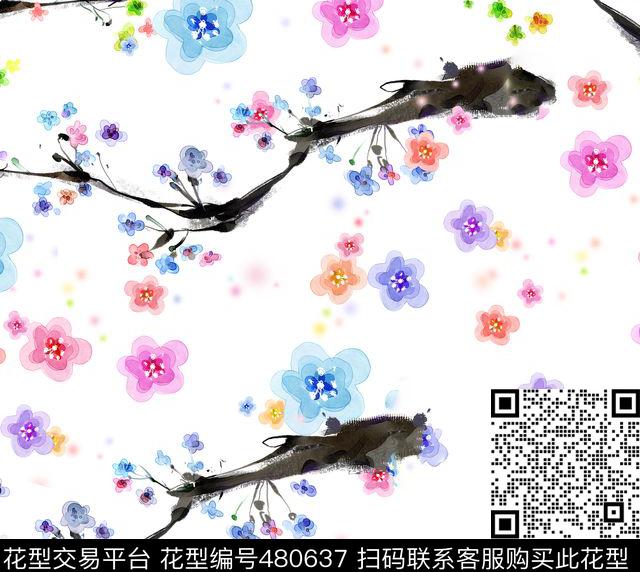 花卉落花墨笔画数码印花华亿平台下载（图片编号: 480637） - 瓦栏（Walan）