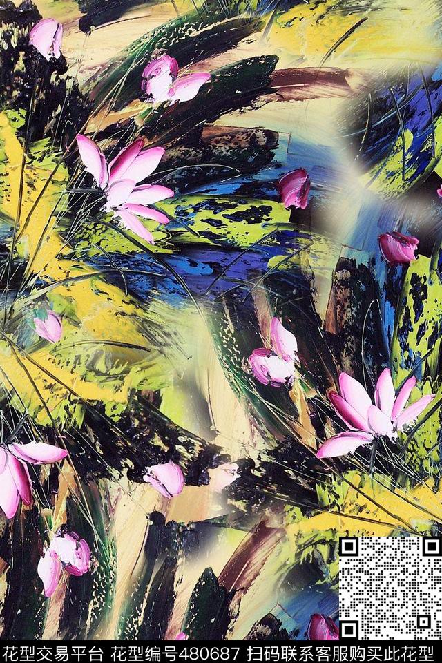 油画荷叶丝绸面料成熟女装数码印花华亿平台下载（图片编号: 480687） - 瓦栏（Walan）