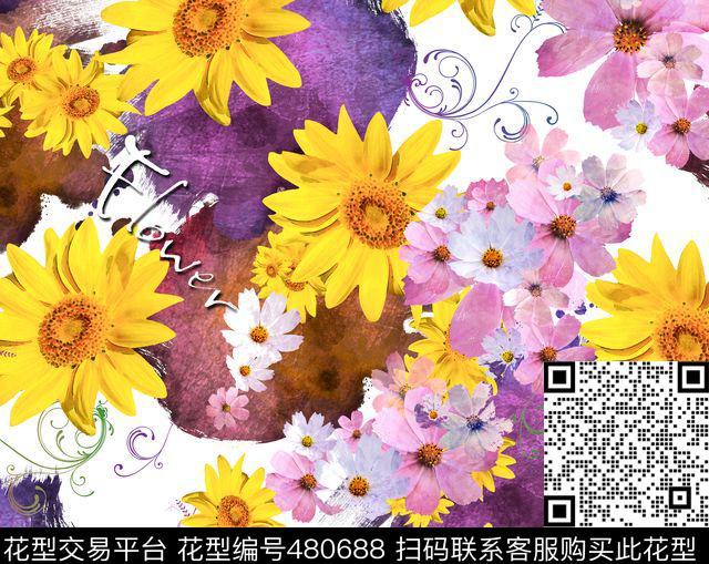 补丁花朵几何线条数码印花华亿平台下载（图片编号: 480688） - 瓦栏（Walan）