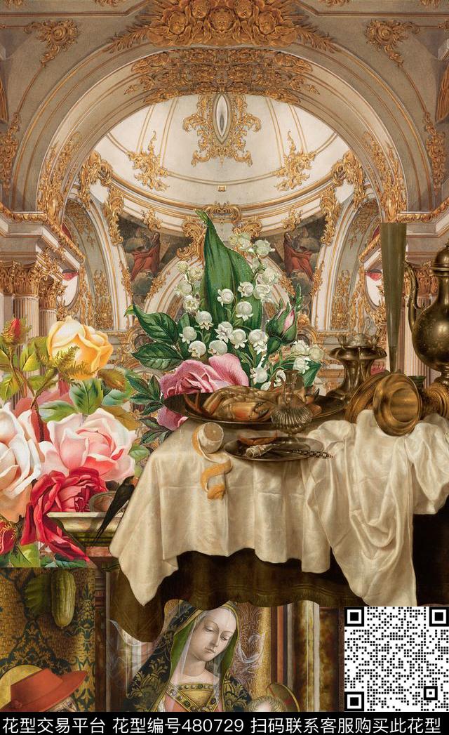 潮流时尚秋冬欧式宫廷风油画拼接数码印花华亿平台下载（图片编号: 480729） - 瓦栏（Walan）