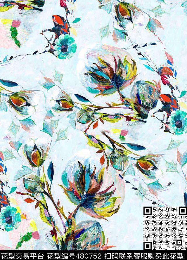 大牌年轻时尚蓝灰色调抽象手绘花朵数码印花华亿平台下载（图片编号: 480752） - 瓦栏（Walan）