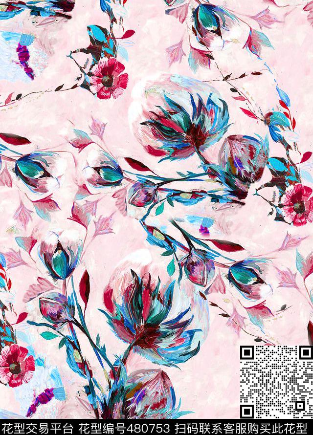 手绘花朵蓝灰色调抽象大牌年轻时尚数码印花华亿平台下载（图片编号: 480753） - 瓦栏（Walan）