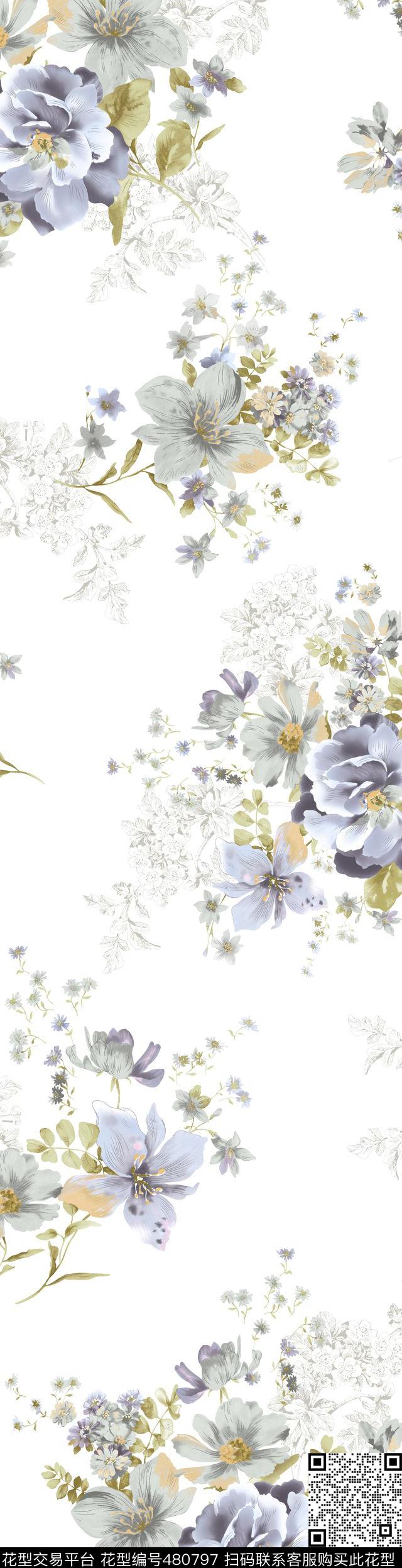 时尚花卉手绘数码印花华亿平台下载（图片编号: 480797） - 瓦栏（Walan）