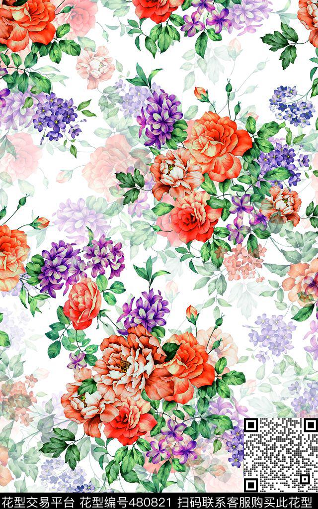 水彩画复古花卉数码印花华亿平台下载（图片编号: 480821） - 瓦栏（Walan）